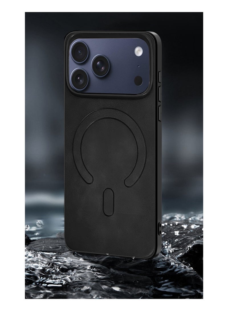 Wtech Apple iPhone 17 Pro Max 5G 2025 Luxury Matte Leather Magnetic MagSafe Wireless Charging Soft Case Cover (MCMPMN) - Black - Image 2